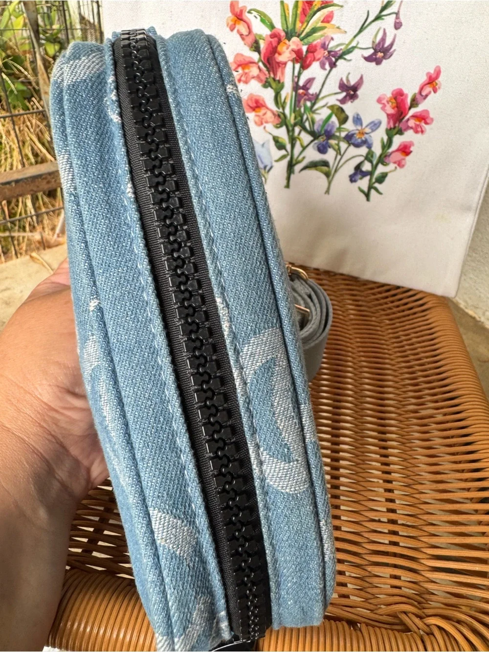 CHANEL Light Blue Denim Logo Canvas Beaute pouch/crossbody.